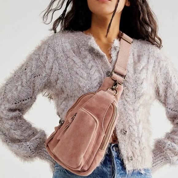 Free People | Bags | Free People Pink Suede Leather Hudson Sling Bag ...